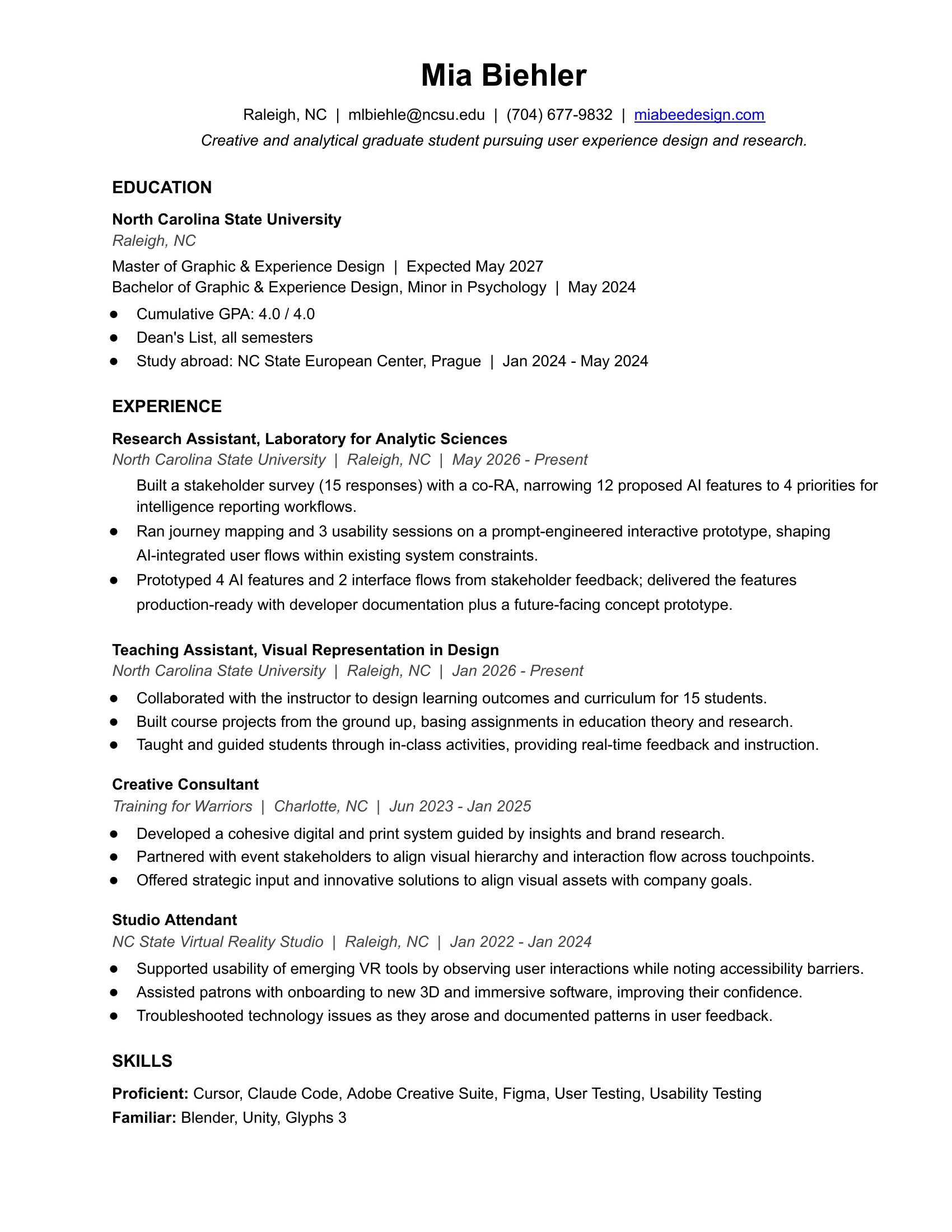 Mia Biehler's one-page resume: education, experience and skills. The same content is in the downloadable PDF.