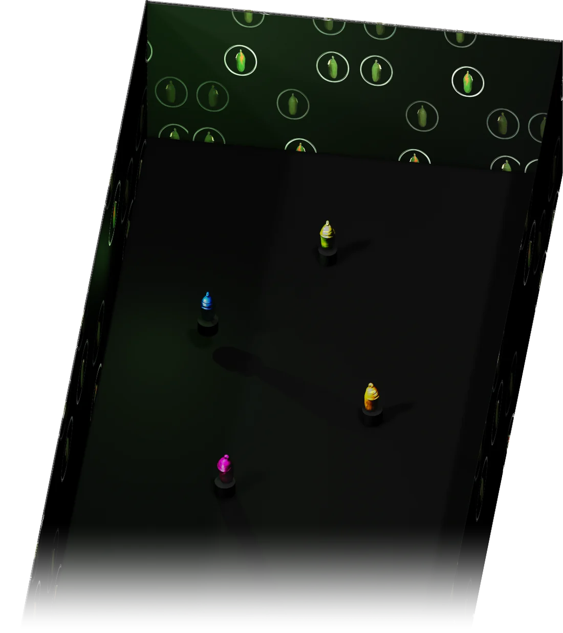 Overhead render of the Chrysalis Room: a long, dark room with softly glowing green chrysalis projections on the far wall and four small lit chrysalises in blue, yellow, orange and pink on the floor.