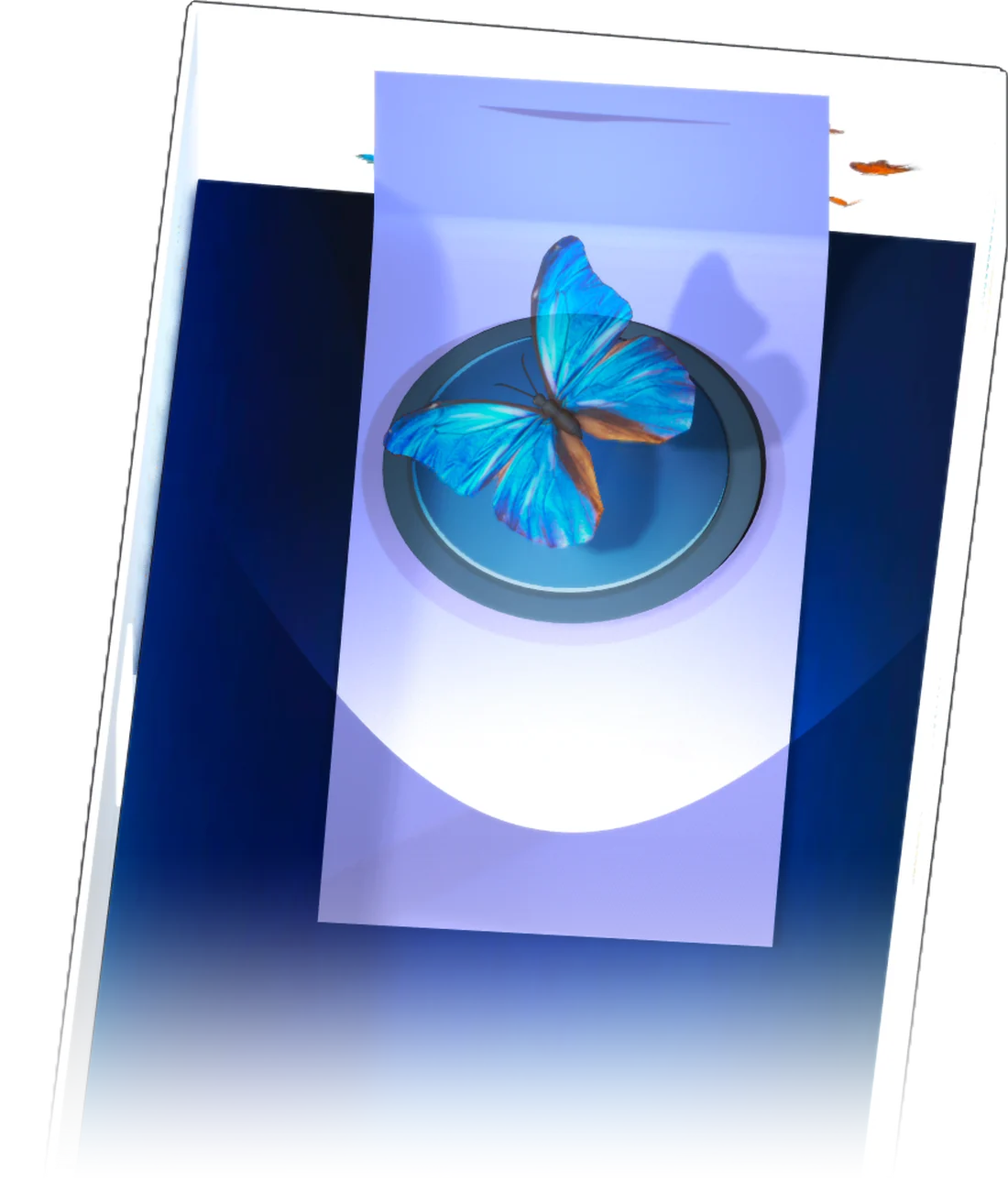 Overhead render of the Emergence Room: a long room washed in deep blue and cyan light, with a large blue morpho butterfly projected on a round platform at the far end.