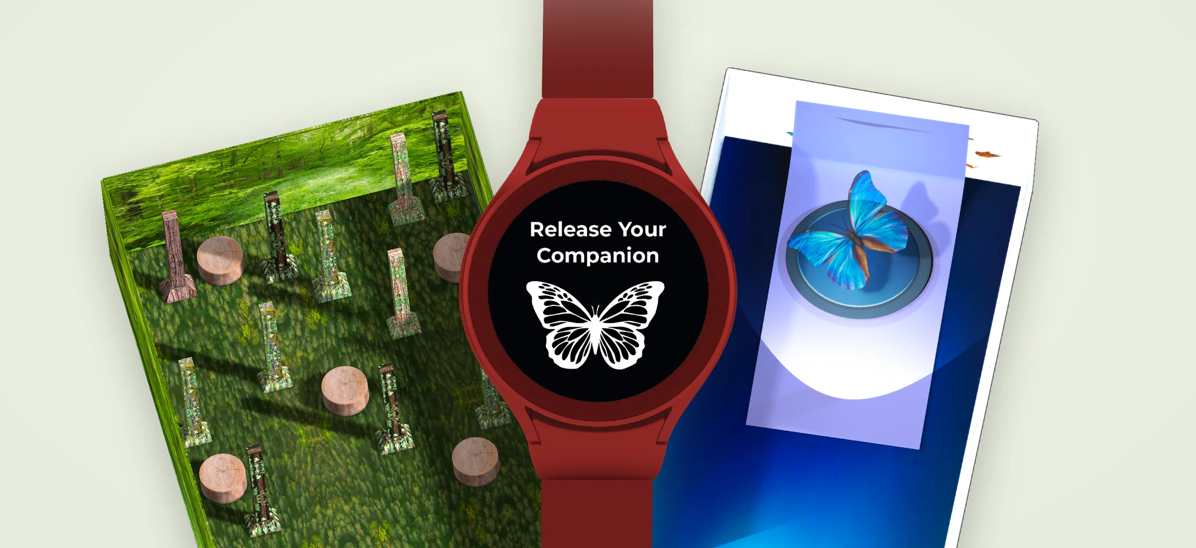 The bracelet, its screen reading Release Your Companion, stands between overhead renders of the green Larva Room and the blue Emergence Room.