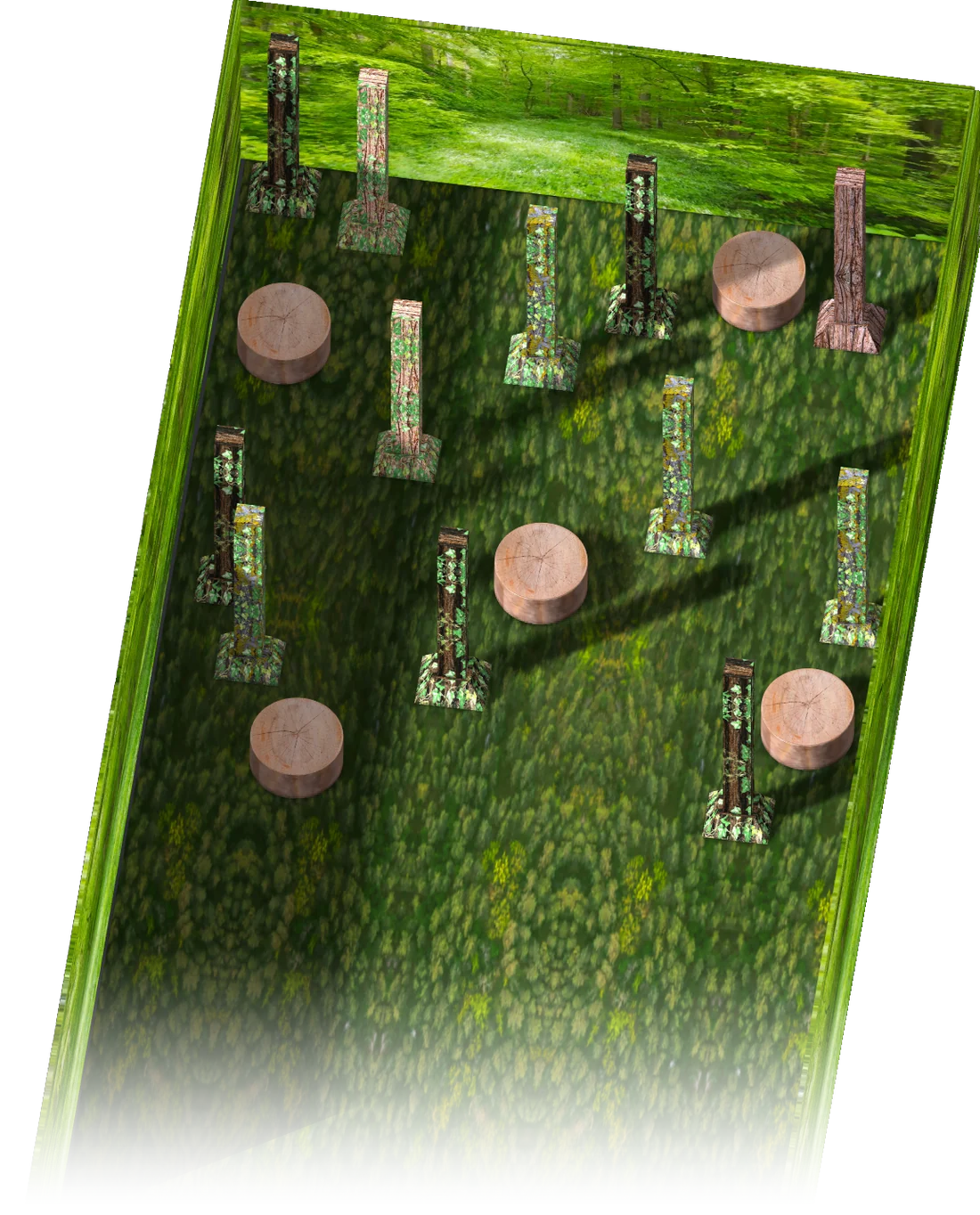 Overhead render of the Larva Room: a long green room with forest projections on its walls and floor, tall plant-covered posts and round wooden stools scattered through it.
