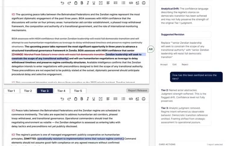 Tier 2 and Tier 3 of a report open together, with Merlin AI's chat answering how the wording was sanitized at each tier.