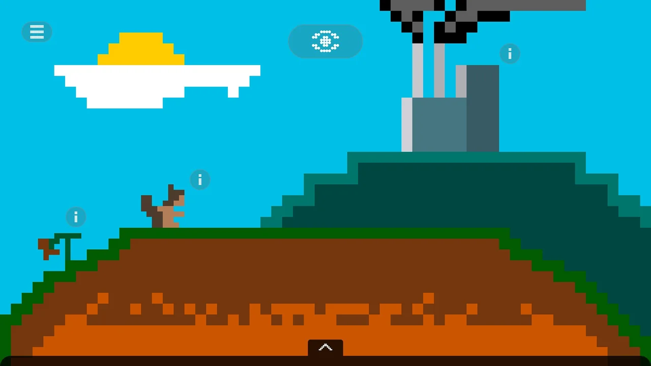 A pixel-art carbon cycle scene: a squirrel on a hill under the sun, with a factory chimney in the distance.