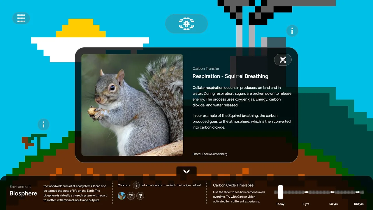 A photograph of a real squirrel in an information card over a pixel-art carbon cycle scene.