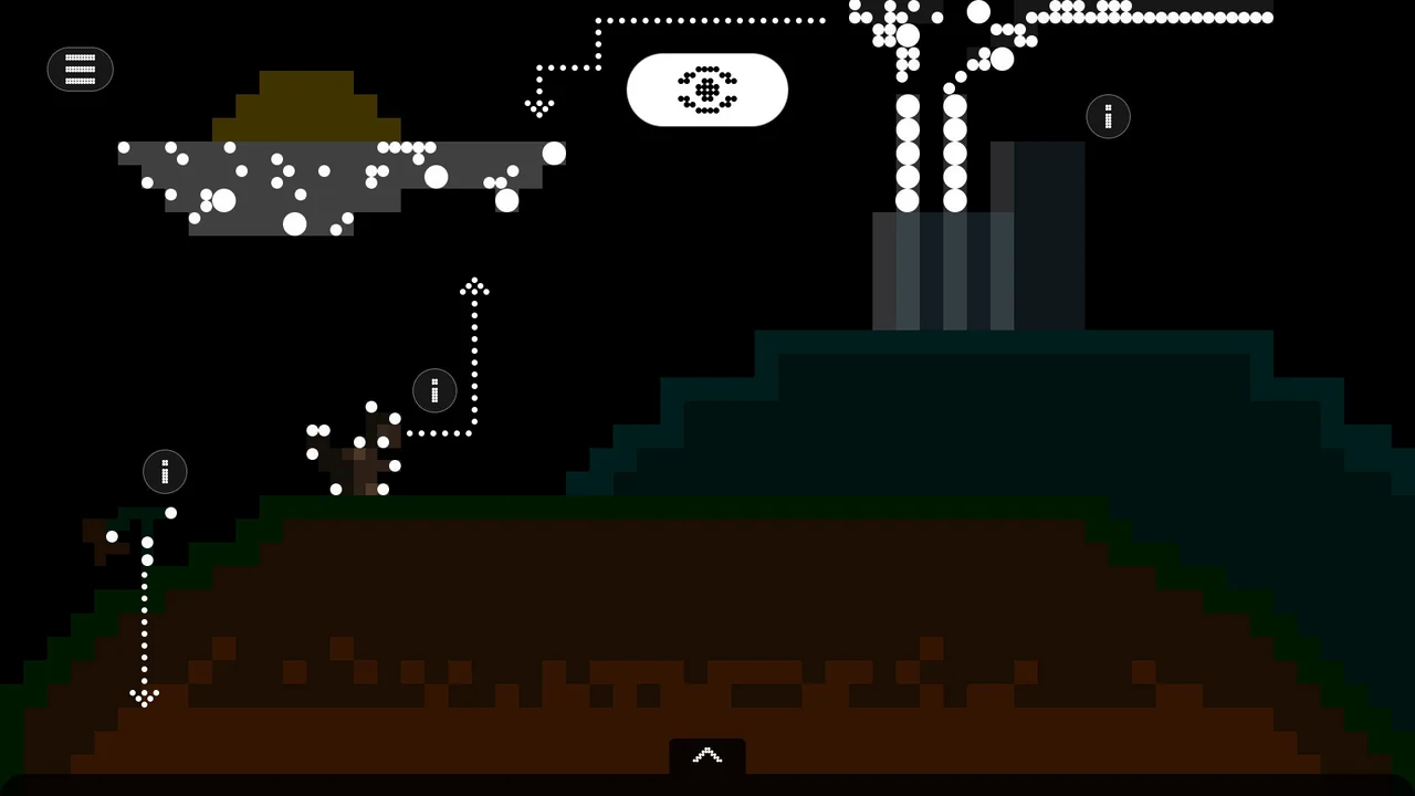 The scene at night, with white pixel dots of carbon rising from the chimney and moving through the air.