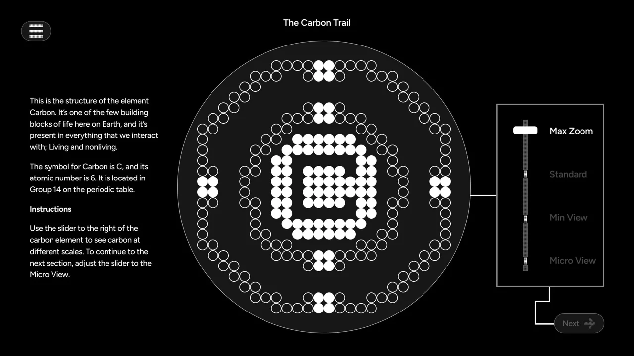 The Carbon Trail: a carbon atom drawn in white pixels inside rings, with a zoom slider from Max Zoom to Micro View.