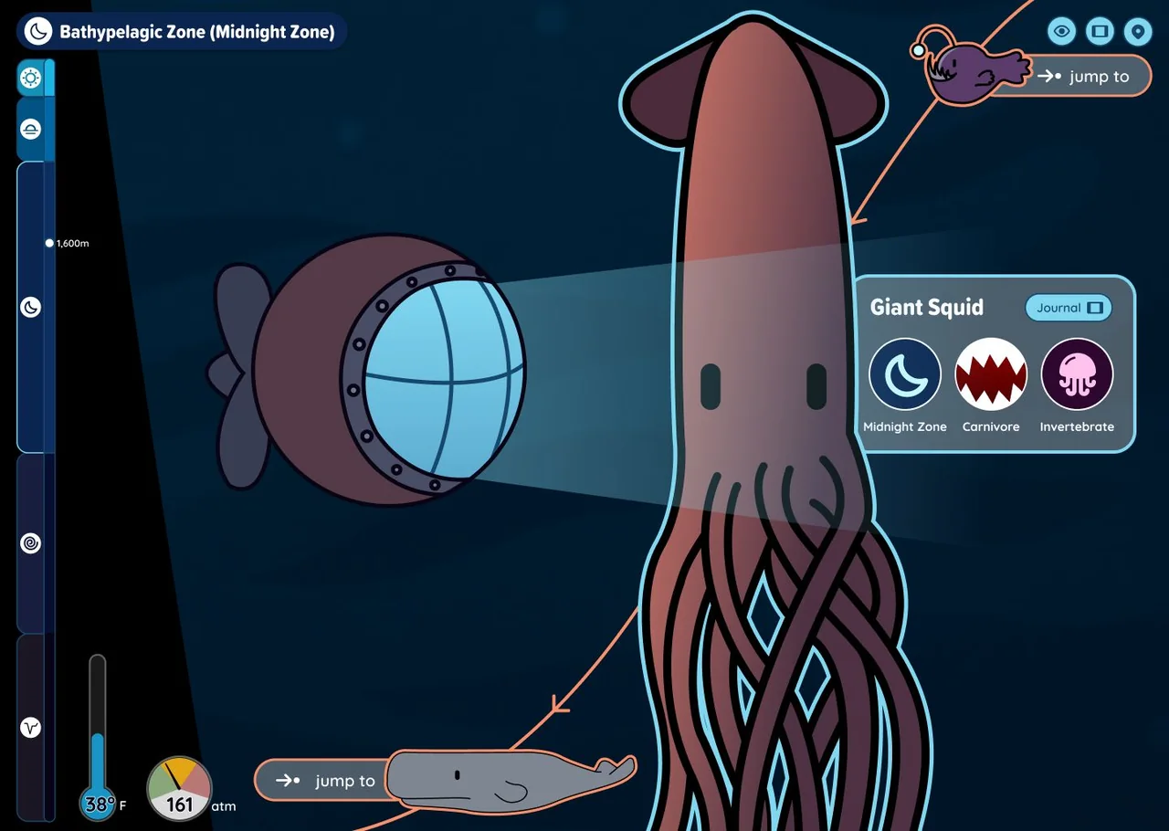 In the Midnight Zone, a giant squid fills the view beside the diver's submarine, with its traits listed in a card.