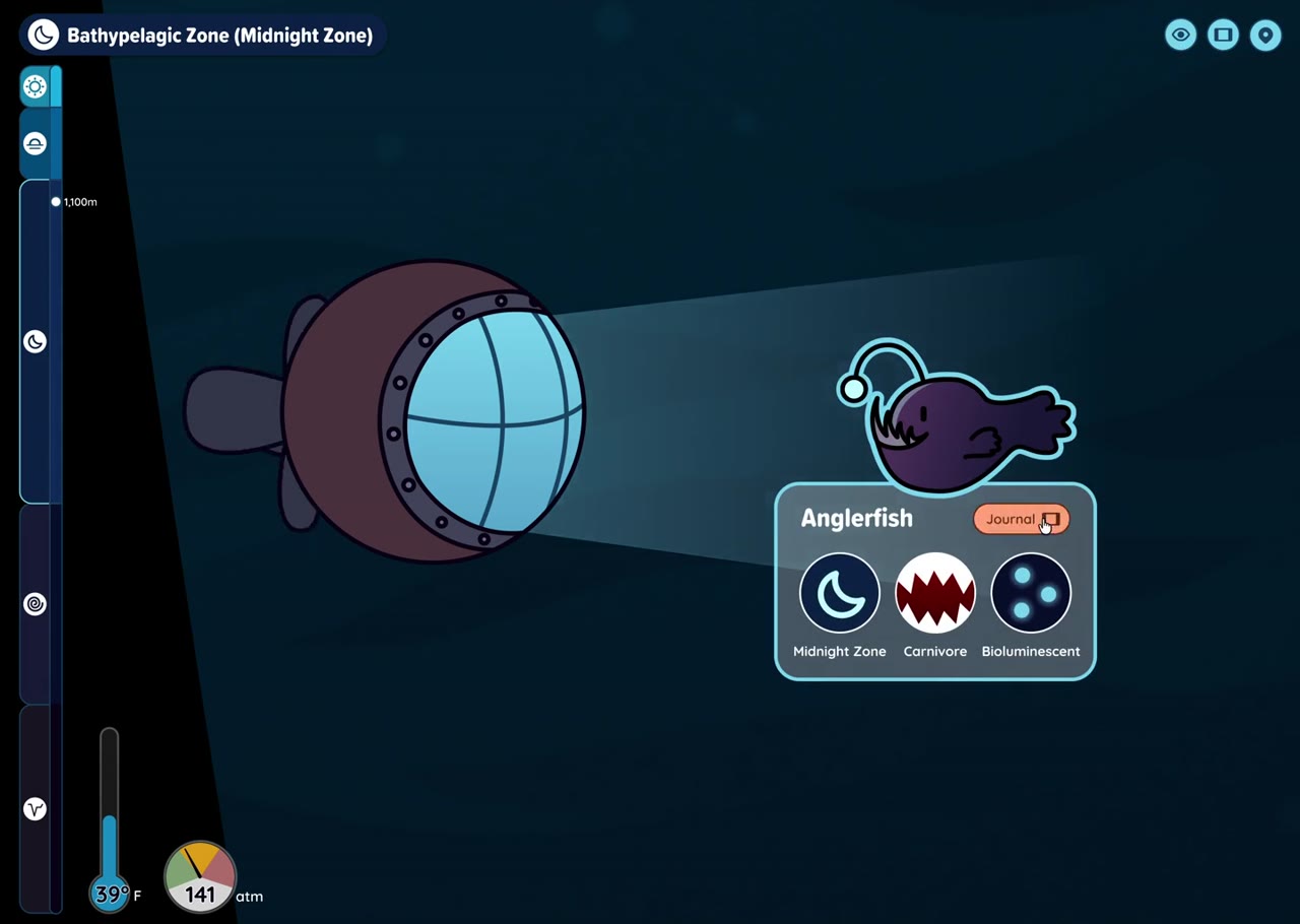 In the Midnight Zone, the anglerfish's card opens with its traits: midnight zone, carnivore, bioluminescent.