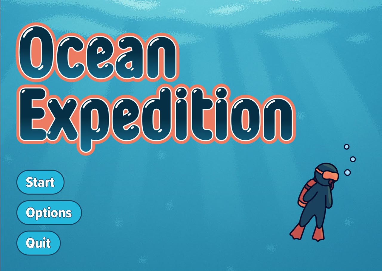 Ocean Expedition title screen: a diver floats in blue water beside Start, Options and Quit buttons.