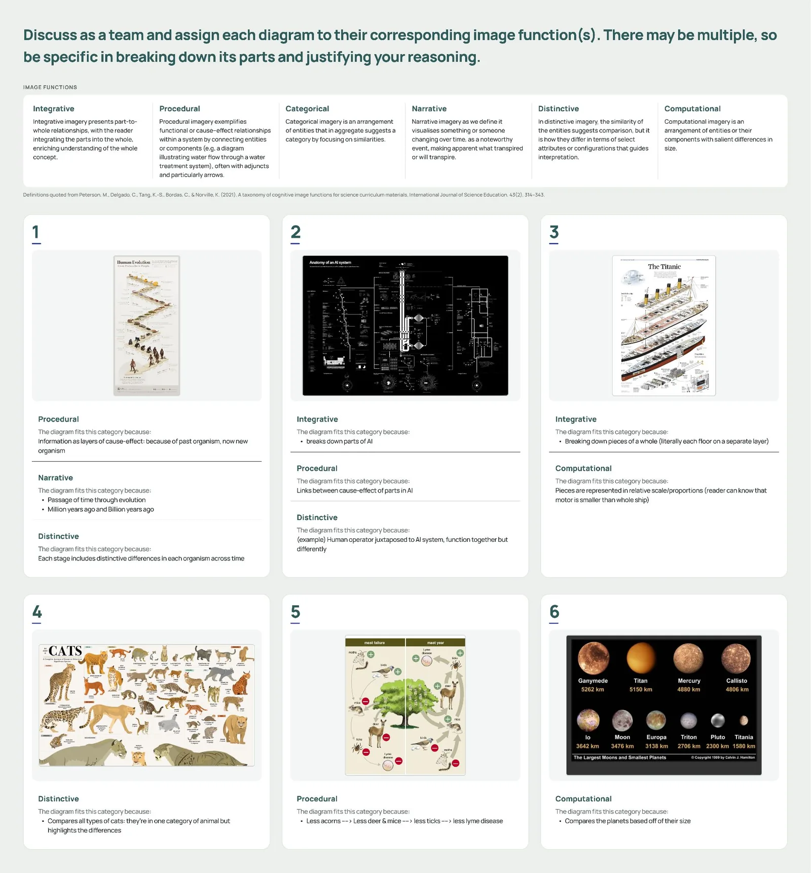 The in-class worksheet: six K-12 science diagrams, from an insect life cycle to the planets, each with space to name its image functions.